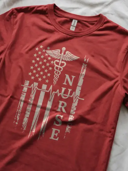 Patriotic Nurse Flag T-Shirt with Caduceus and Heartbeat Design - Image 2