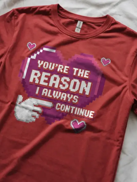 Pixel Art Gamer Couple T-Shirt – “You're The Reason” Retro 8-Bit Heart Tee - Image 8