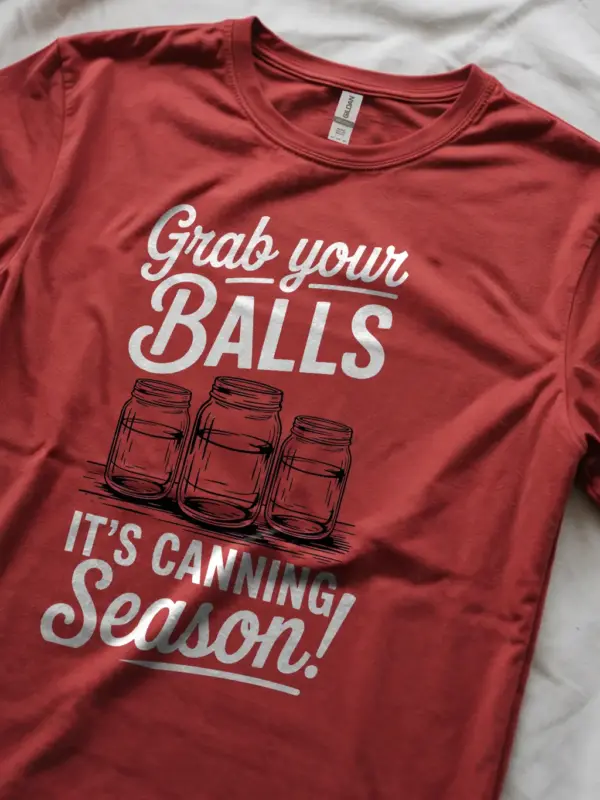 Red grab your balls canning season shirt front view with mason jars