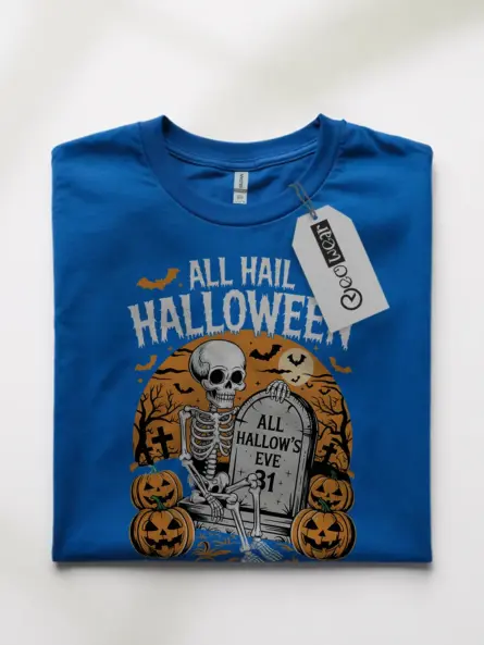 Royal Blue Shirt Front View – All Hail Halloween – gothic skeleton Halloween t-shirt