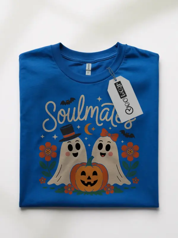 royal blue front – soulmates ghosts and pumpkin artwork – ghost couple t-shirt