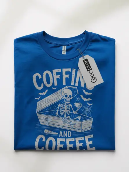 Royal Blue Coffins and Coffee Shirt Front – goth coffee apparel with skeleton holding coffee