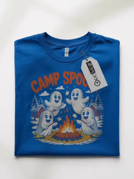 Royal Blue Camp Spooky cute ghost campfire t-shirt front artwork