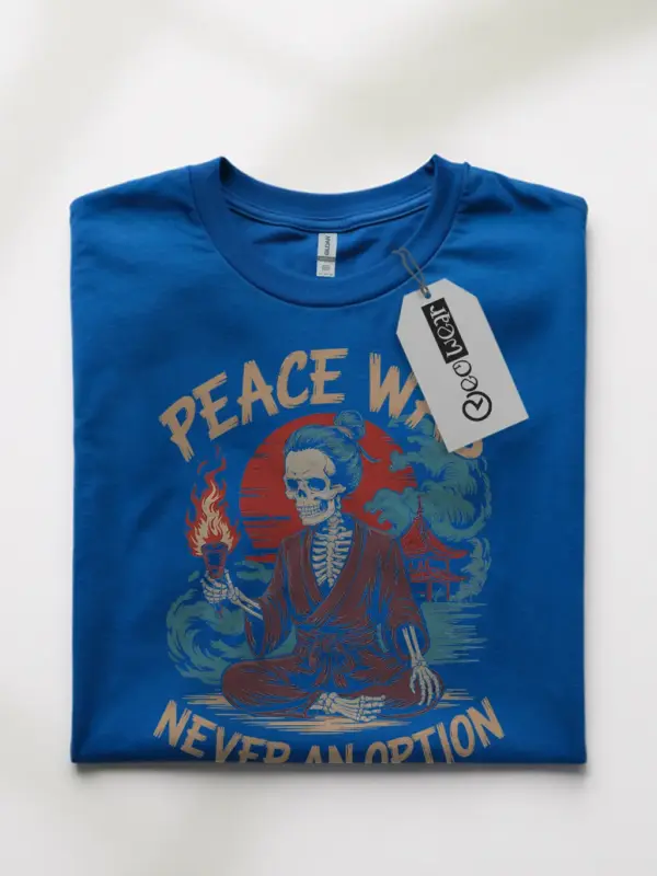 Royal Blue Peace Was Never an Option samurai skeleton t-shirt front