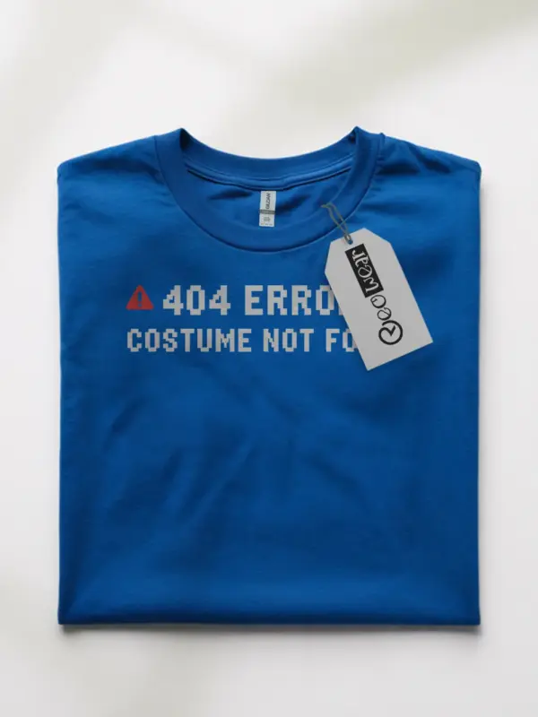 Front view royal blue 404 Error Costume Not Found t-shirt glitch design