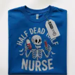 Royal blue shirt front graphic – half dead half nurse t-shirt for costume events
