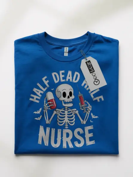 Royal blue shirt front graphic – half dead half nurse t-shirt for costume events