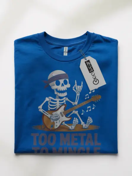 Royal Blue Too Metal to Mingle metalhead skeleton guitar t-shirt front