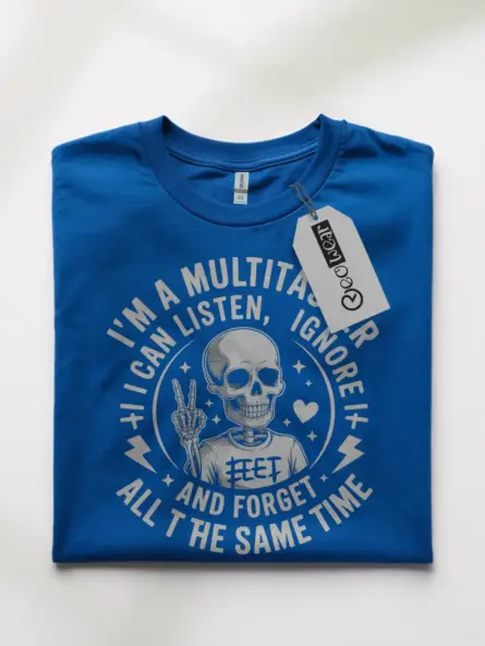 Royal Blue Front – Multitasker Peace Sign Skeleton Design – multitasker skeleton t-shirt