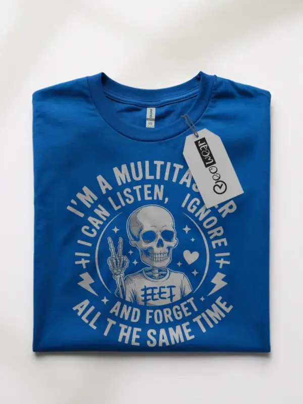 Royal Blue Front – Multitasker Peace Sign Skeleton Design – multitasker skeleton t-shirt