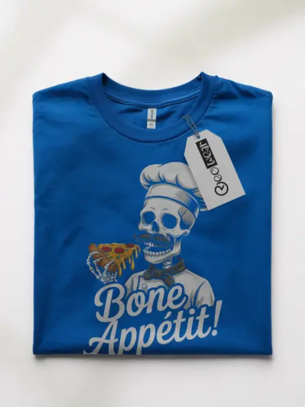 Royal Blue Bone Appétit skeleton chef pizza t-shirt front view
