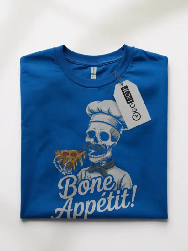 Royal Blue Bone Appétit skeleton chef pizza t-shirt front view
