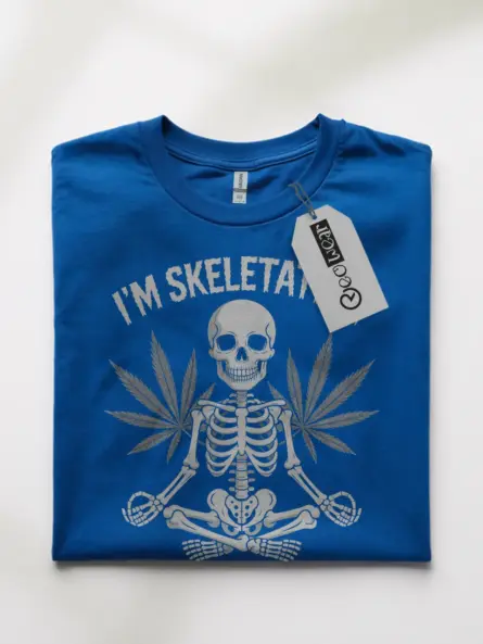 Royal Blue front design – stoner meditation t-shirt with skeleton