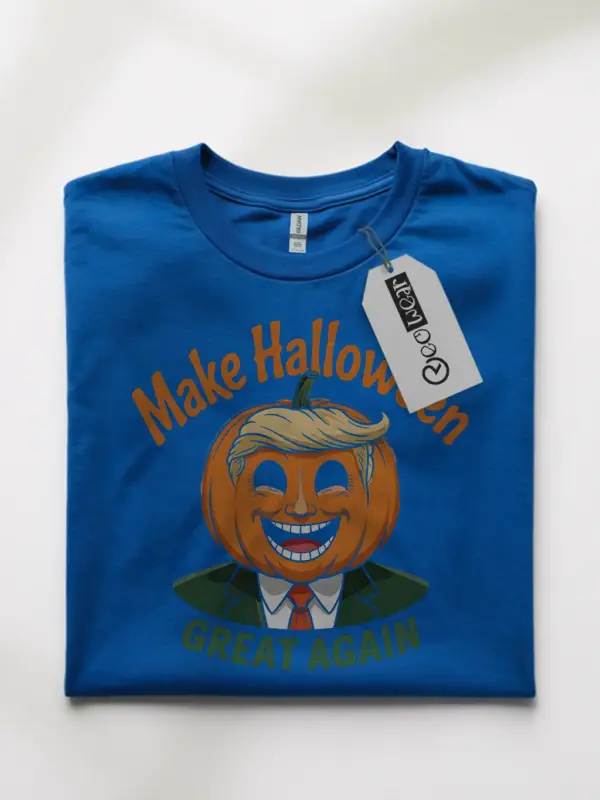 Front of royal blue shirt – trumpkin Halloween t-shirt in bold color