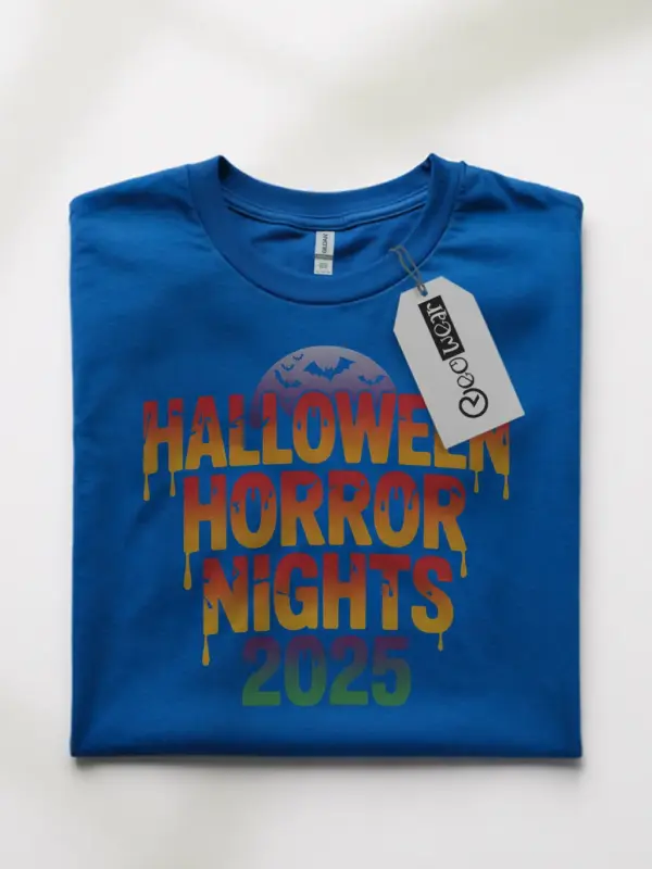 Royal blue front tee with bats and moon — halloween horror nights t-shirt 2025 edition