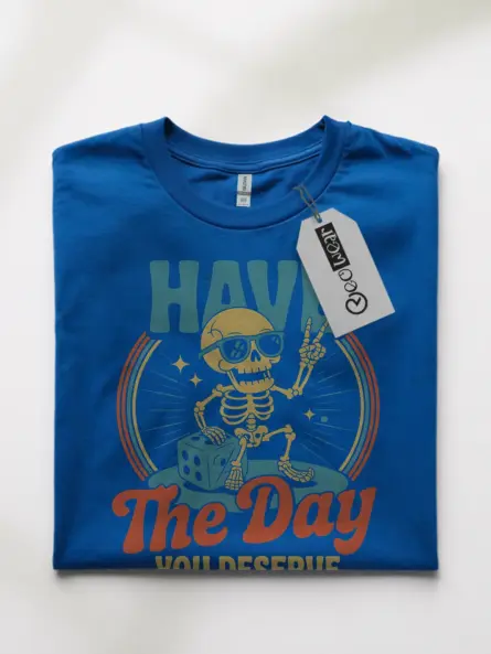 Royal blue tee front – retro skeleton sunglasses shirt