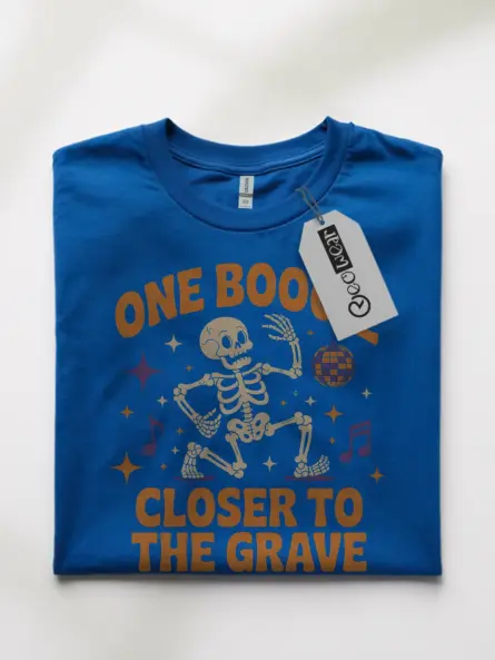 royal blue front – spooky skeleton with stars and notes – stay spooky t-shirt