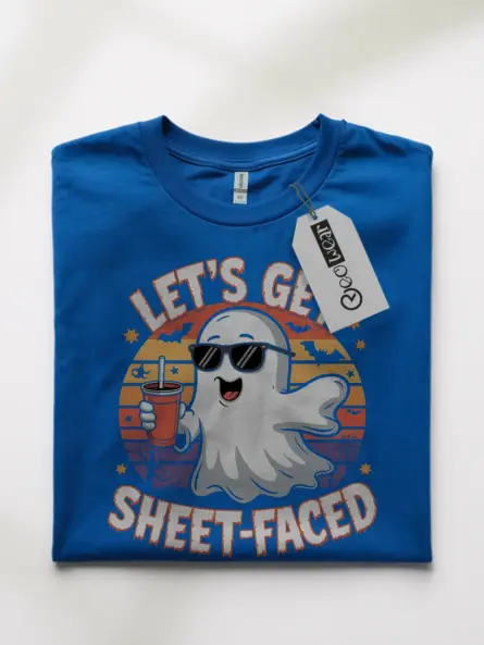 royal blue front view let’s get sheet faced halloween t-shirt ghost with cup