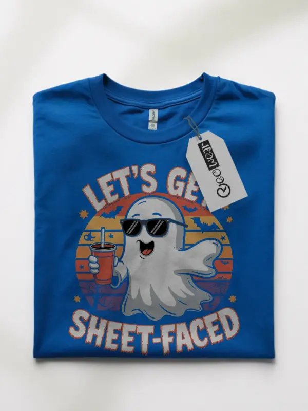 royal blue front view let’s get sheet faced halloween t-shirt ghost with cup