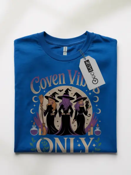 Front View Royal Blue Coven Vibes Witch T-Shirt for spiritual women