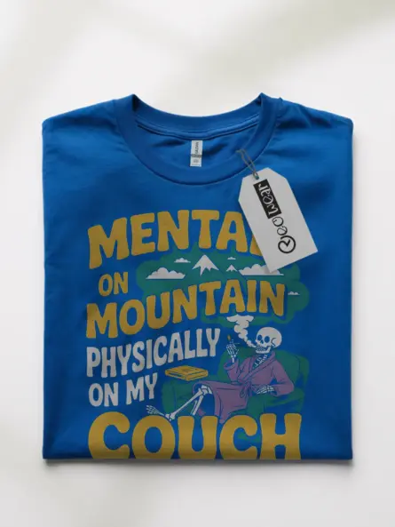 royal blue front – mentally on mountain phrase with skeleton – mentally on mountain t-shirt