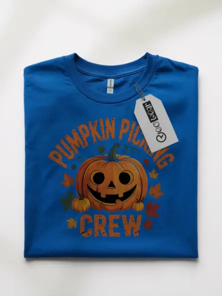 Royal Blue front – Classic Pumpkin Crew Shirt – pumpkin picking crew t-shirt