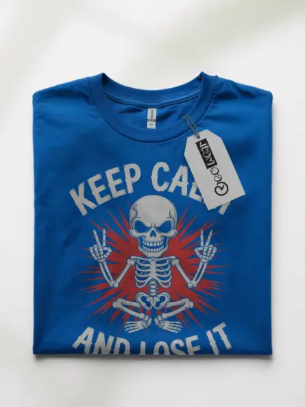 Front view Royal Blue Shirt Keep Calm and Lose It punk skeleton meditation t-shirt