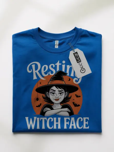 royal blue front view resting witch face halloween t-shirt confident witch outfit