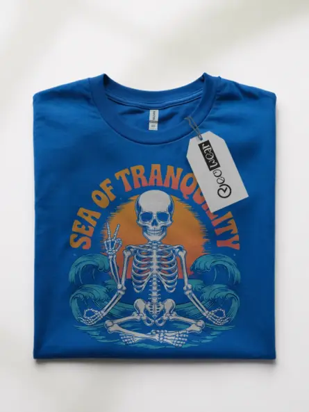 Royal Blue sea of tranquility t-shirt front – alternative wellness skeleton tee