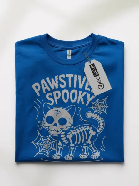 Front view Royal Blue Shirt Pawstively Spky skeleton cat Halloween t-shirt
