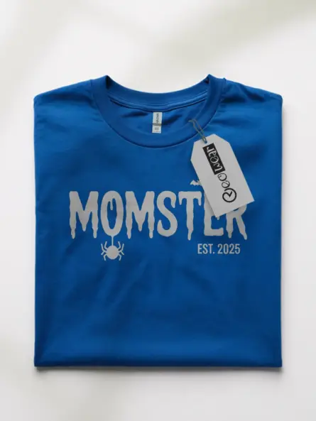Royal blue front view momster-est 2025 t-shirt horror theme mom shirt