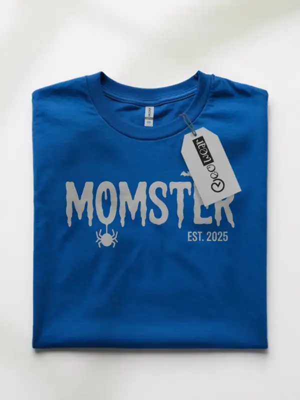 Royal blue front view momster-est 2025 t-shirt horror theme mom shirt