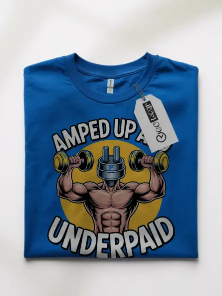 Royal Blue Amped Up and Underpaid Shirt flatlay – electrician gym shirt for pros
