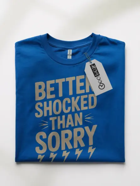 Royal Blue Better Shocked Than Sorry Shirt flatlay – safety slogan t-shirt, retro design