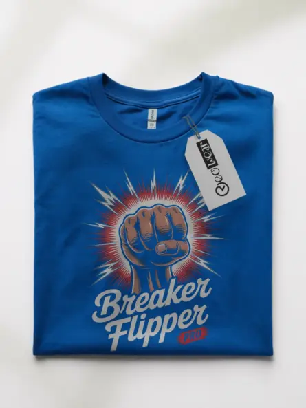 Royal Blue Breaker Flipper Shirt Front – funny electrician pro t-shirt, blue lightning bolt style