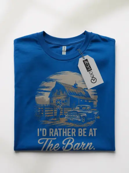 Royal Blue Shirt Front – I’d Rather Be at The Barn – barn life t-shirt