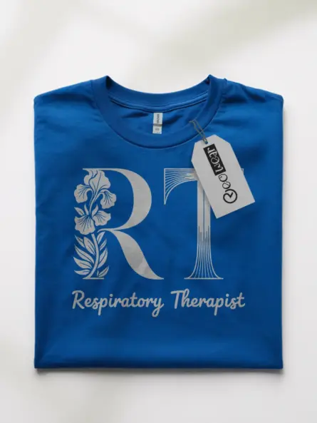 Royal Blue respiratory therapist t-shirt front view – RT shirt with elegant floral theme