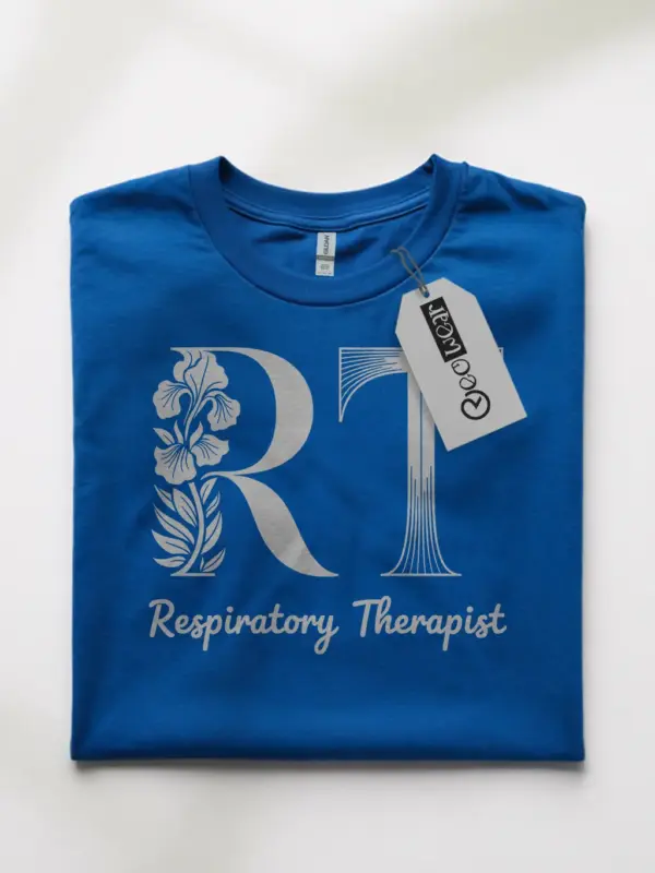 Royal Blue respiratory therapist t-shirt front view – RT shirt with elegant floral theme