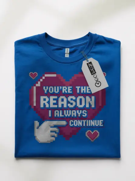 Pixel Art Gamer Couple T-Shirt – “You're The Reason” Retro 8-Bit Heart Tee - Image 4