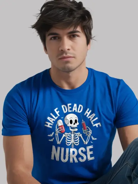 Rear view in royal blue – funny Halloween nurse tee