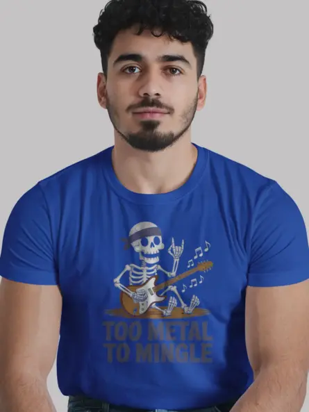 Royal Blue metalhead skeleton guitar t-shirt artwork with stage pose