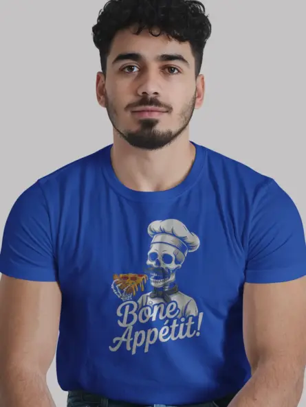 Lifestyle image Royal Blue foodie skeleton pizza t-shirt