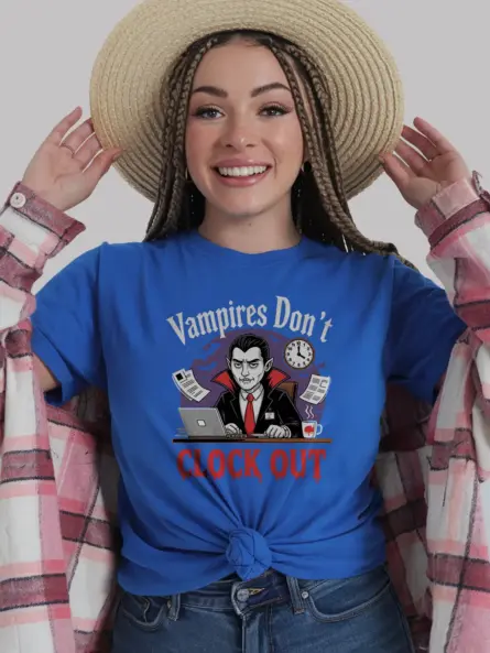 Royal Blue Vampires Don’t Clock Out T-Shirt – with Gothic Humor