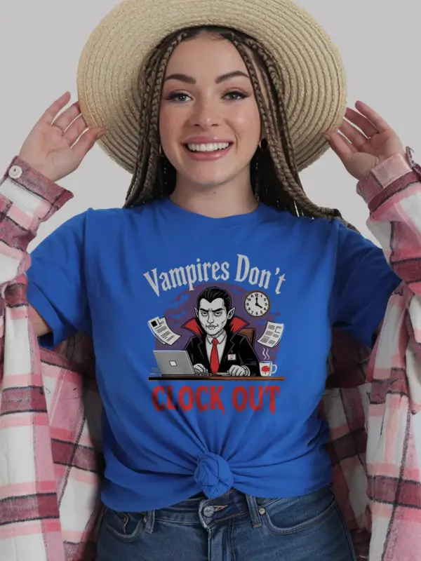 Royal Blue Vampires Don’t Clock Out T-Shirt – with Gothic Humor