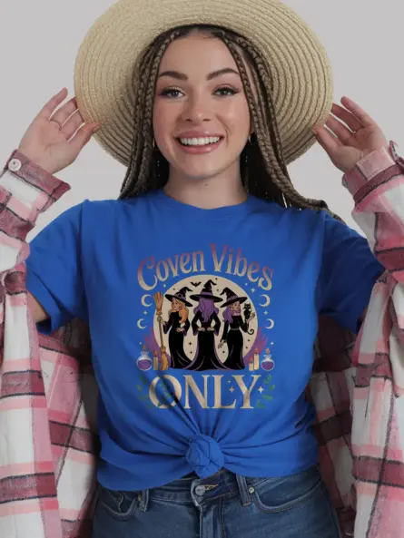 Royal Blue Coven Vibes Witch Tee with stars and script