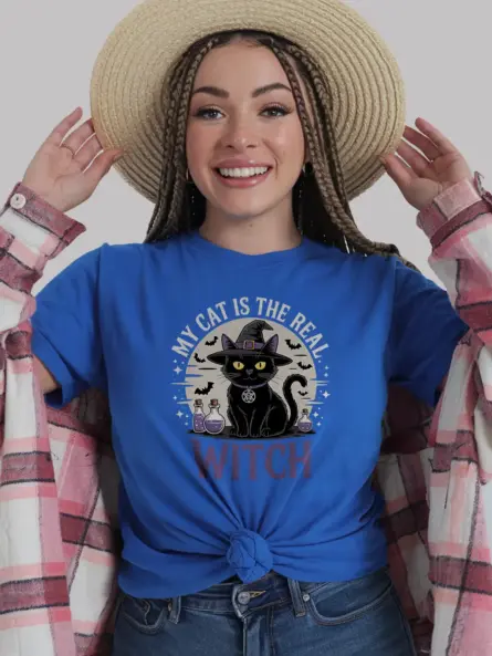 royal blue my cat is the real witch t-shirt occult themed tee