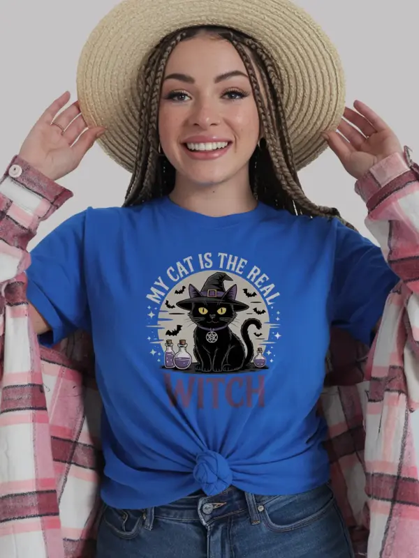 royal blue my cat is the real witch t-shirt occult themed tee