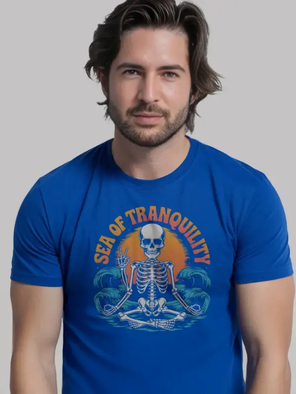 Royal Blue sea of tranquility t-shirt – retro meditation skeleton design