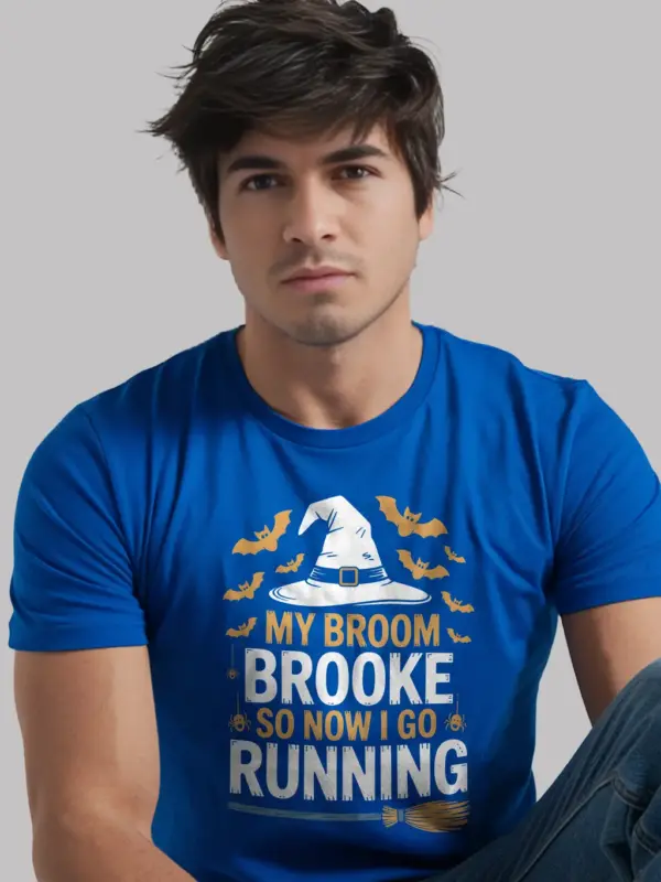 royal blue shirt – Witchy workout apparel Halloween design – my broom broke so now I go running shirt