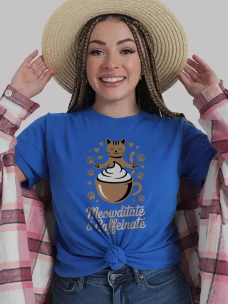 Meowditate & Caffeinate Cat Coffee Shirt – Cozy Humor Tee - Image 12